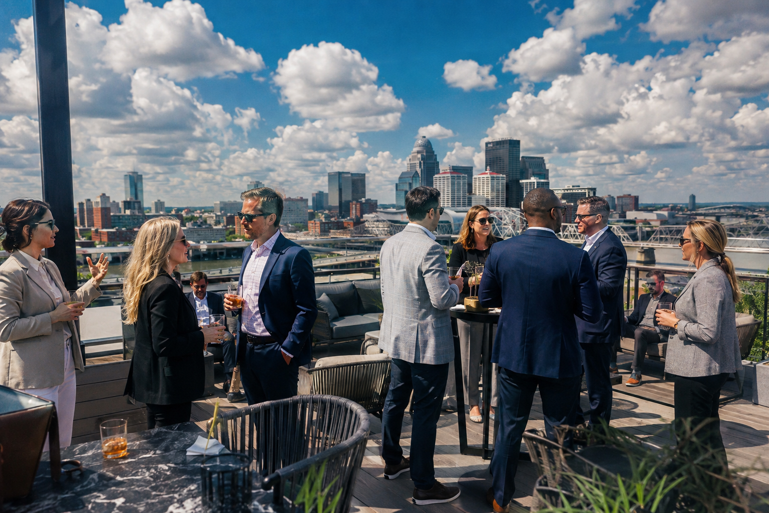 A group on a Louisville rooftop overlooking the skyline